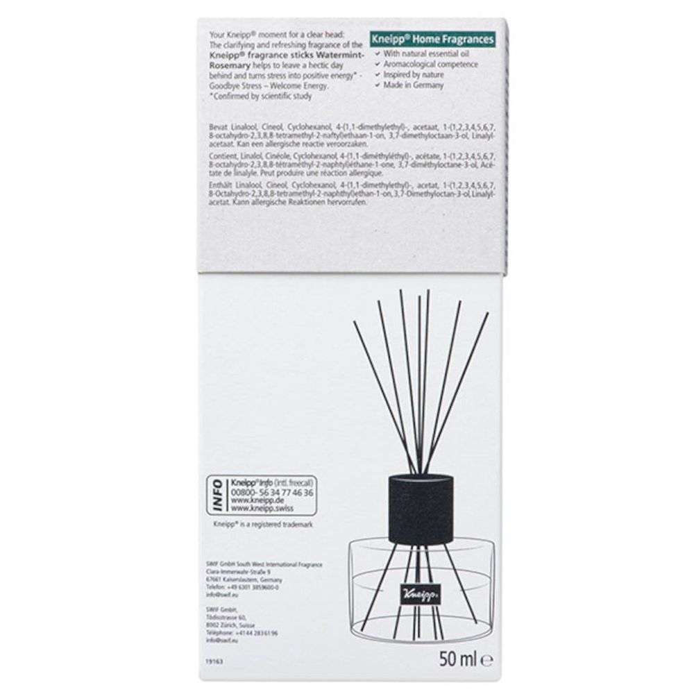 Dos de l'emballage avec informations sur le produit et ingrédients. Kneipp Home Fragrances.