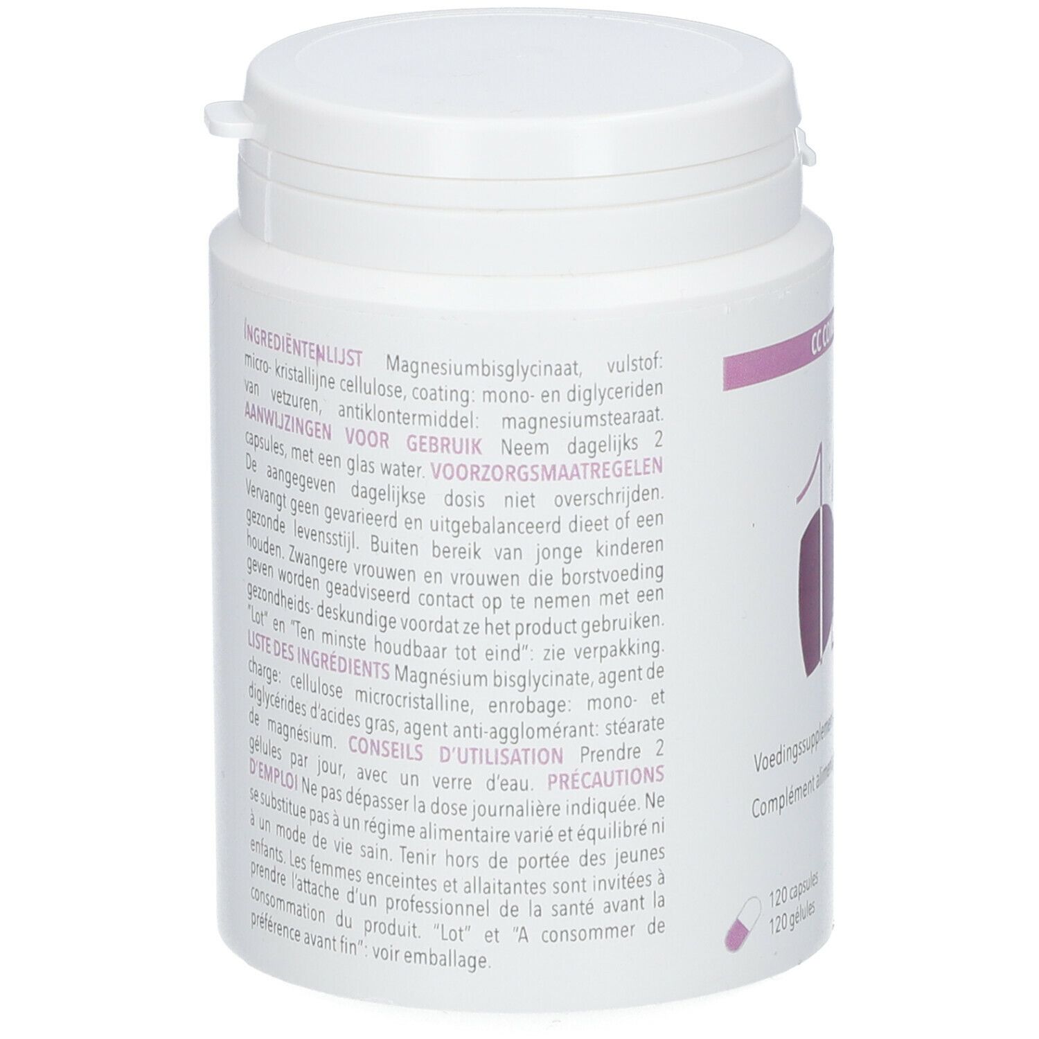 Achterkant van een witte pot. Tekst: Ingrediëntenlijst, gebruiksaanwijzing, voorzorgsmaatregelen. Bevat magnesiumbisglycinaat.