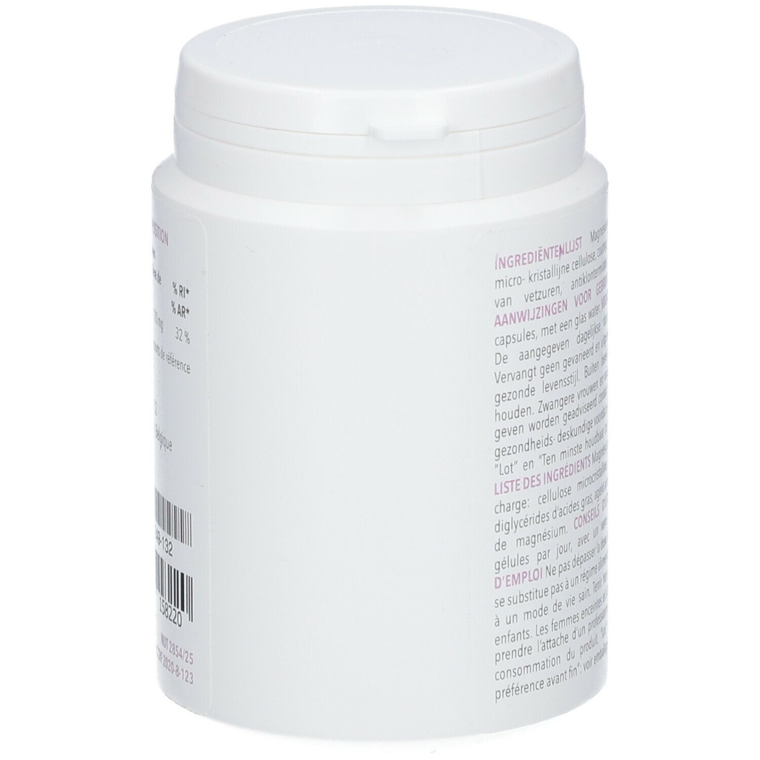 Achterkant van een witte pot. Tekst: Ingrediëntenlijst, gebruiksaanwijzing, voorzorgsmaatregelen. Bevat magnesiumbisglycinaat.