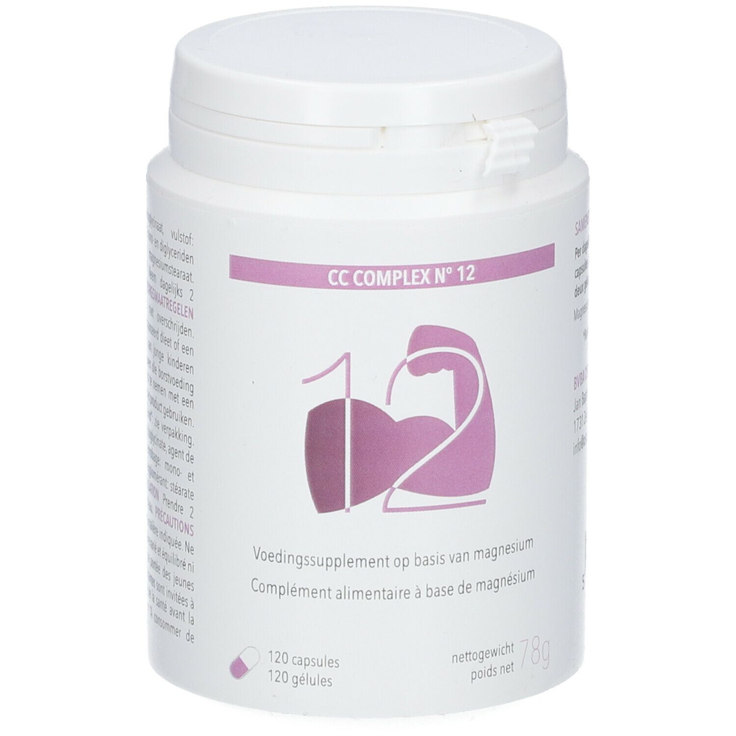 Witte pot met deksel. Opschrift: CC COMPLEX N° 12. Illustratie: arm met nummer 12. Tekst: Voedingssupplement op basis van magnesium.