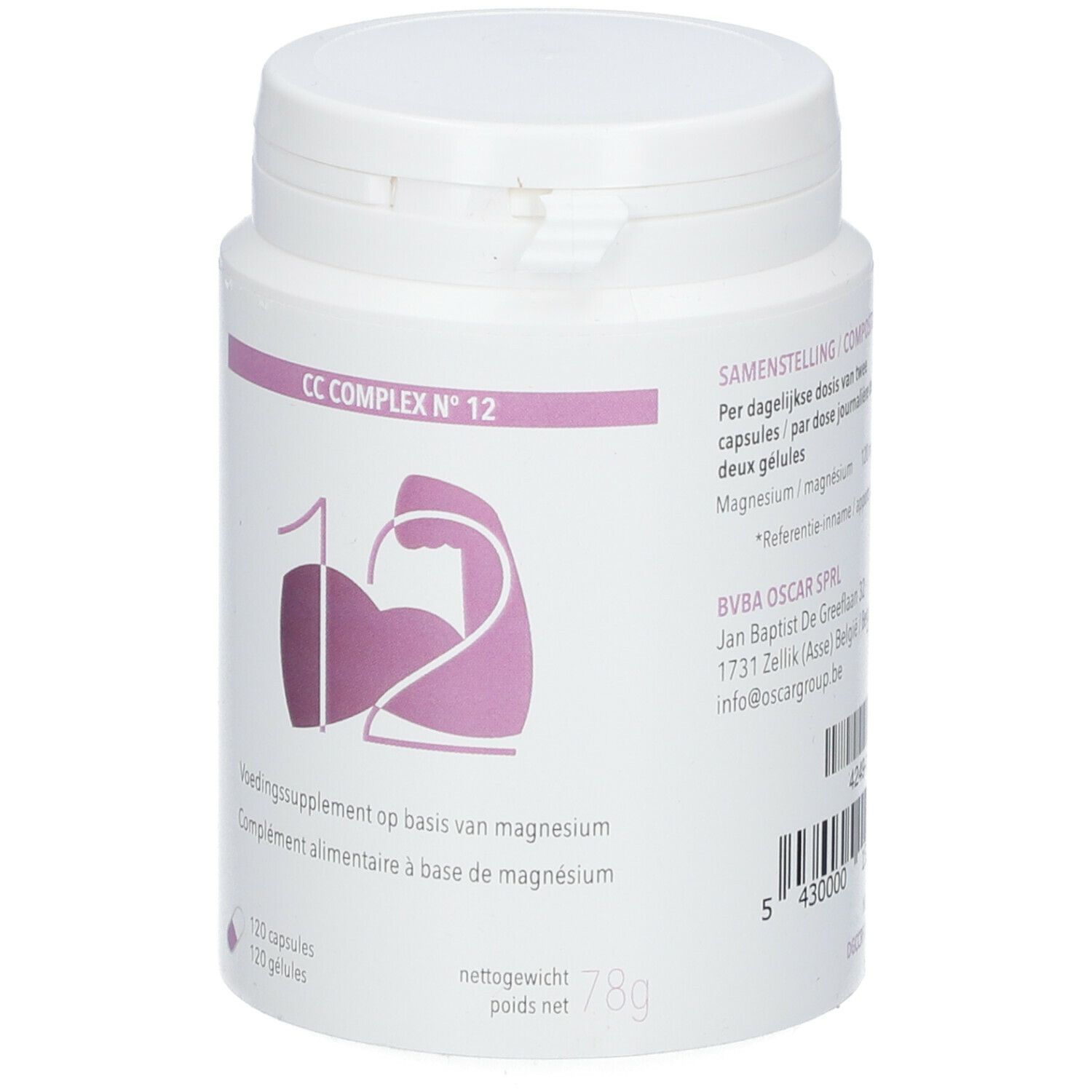 Witte pot met deksel. Opschrift: CC COMPLEX N° 12. Illustratie: arm met nummer 12. Tekst: Voedingssupplement op basis van magnesium.