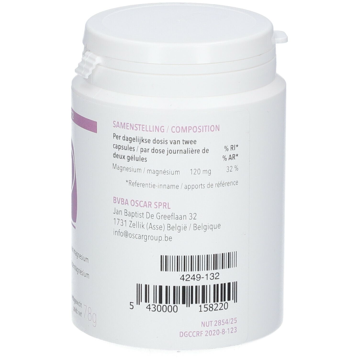 Achterkant van een witte pot. Tekst: Samenstelling, voedingswaarde, adres fabrikant, barcode.