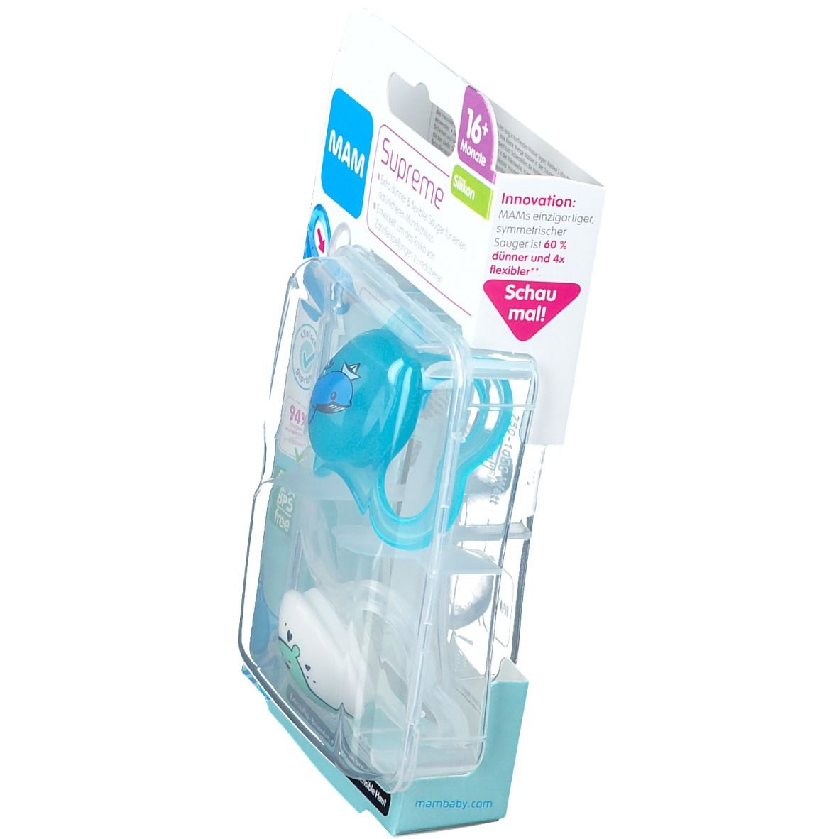 Verpakking met twee blauwe fopspenen. Opschrift: MAM Supreme, 16+ maanden, siliconen. Innovatie: dunner en flexibeler.
