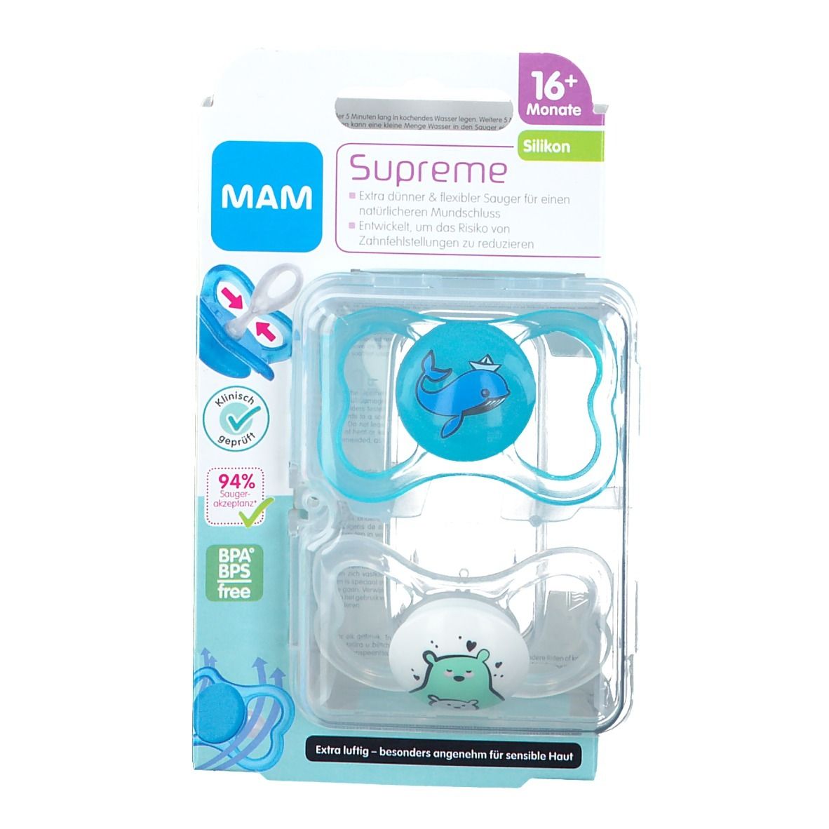 Twee blauwe fopspenen in verpakking. Opschrift: MAM Supreme, 16+ maanden, siliconen. Klinisch getest. BPA/BPS vrij.