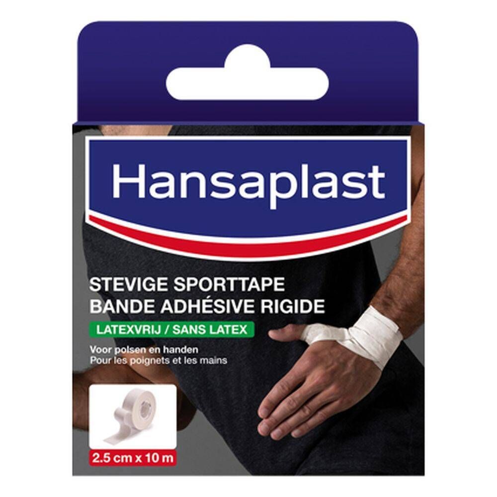 Emballage Hansaplast. Bande adhésive rigide sans latex, 2,5 cm x 10 m. Poignet bandé. Rouleau de ruban adhésif illustré.