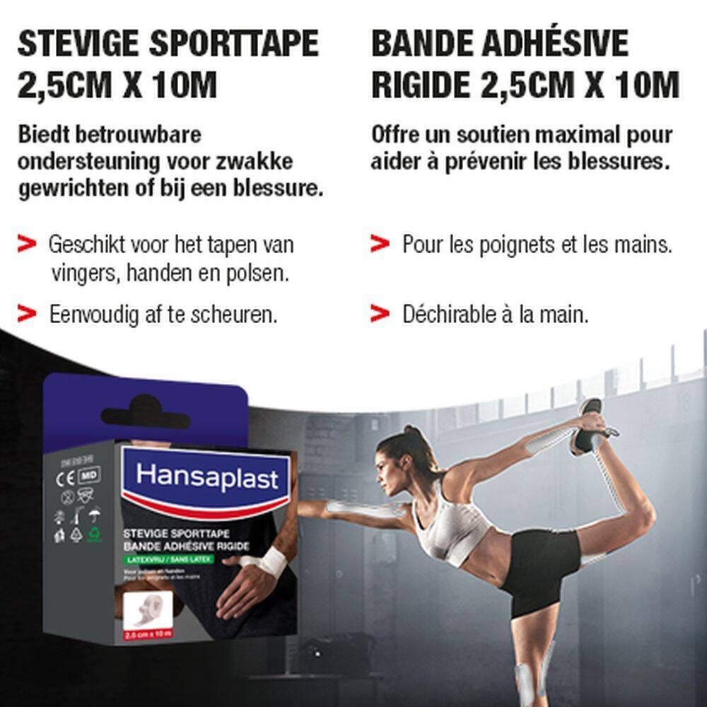 Emballage Hansaplast. Bande adhésive rigide 2,5 cm x 10 m. Soutien maximal pour les blessures. Pour poignets et mains.