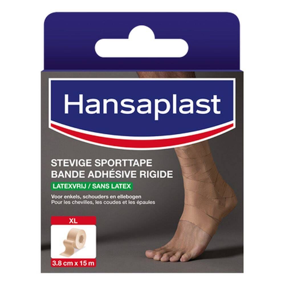 Boîte de Hansaplast Bande Adhésive Rigide. Ruban adhésif beige sur un pied. Texte: Sans latex, 3,8 cm x 15 m. Pour chevilles, épaules, coudes.