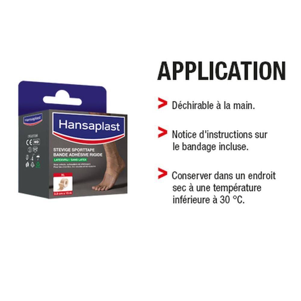 Boîte de Hansaplast. Instructions d'application en français. Texte: Déchirable à la main, notice incluse, conserver au sec.
