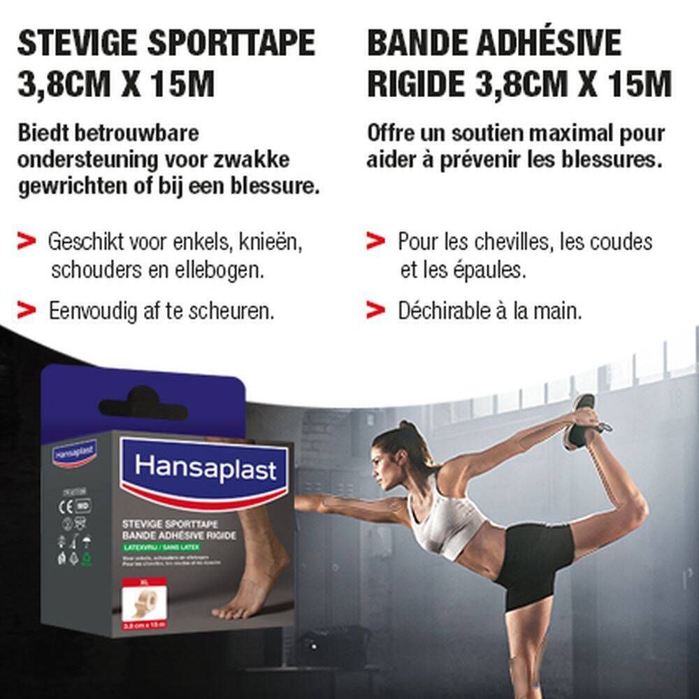 Boîte de Hansaplast et application. Femme faisant du yoga. Texte: 3,8 cm x 15 m, pour chevilles, coudes, épaules. Sans latex.