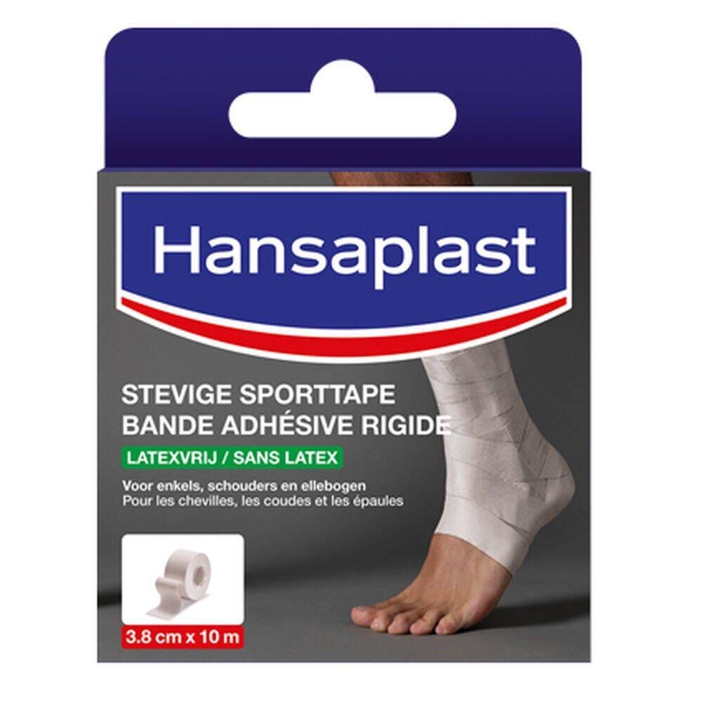 Verpakking van Hansaplast Sporttape. Toont een voet met bandage. Tekst: 3,8 cm x 10 m, latexvrij. Opschrift: Stevige Sporttape, Bande Adhésive Rigide.