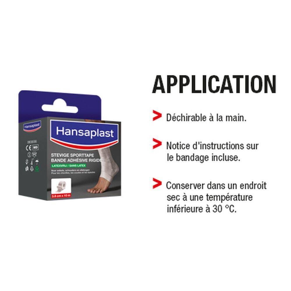 Boîte de Hansaplast Bande Adhésive Rigide. Instructions d'utilisation: déchirable à la main, notice incluse, conserver au frais et au sec. Vue latérale.