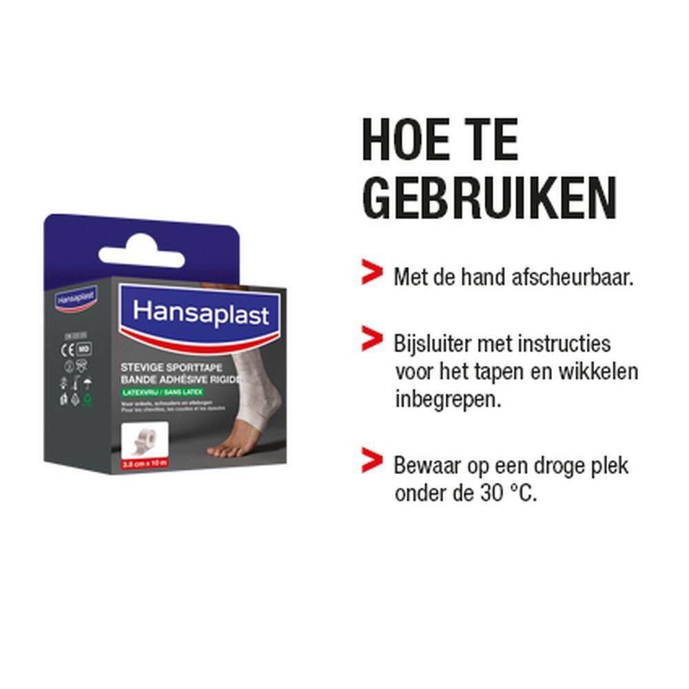 Hansaplast Sporttape verpakking. Gebruiksaanwijzing: met de hand afscheurbaar, instructies inbegrepen, koel en droog bewaren. Zijaanzicht.