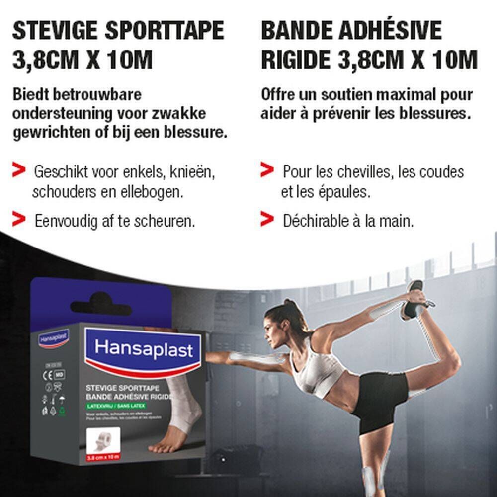 Hansaplast Sporttape verpakking naast een vrouw die zich uitrekt. Tekst: 3,8 cm x 10 m. Biedt ondersteuning voor zwakke gewrichten. Voor enkels, knieën, schouders, ellebogen.