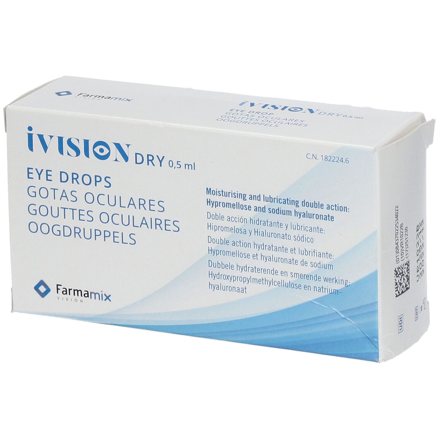 Verpakking iVision Dry 0,5 ml oogdruppels. Tekst in het Duits, Engels, Frans, Italiaans en Nederlands.
