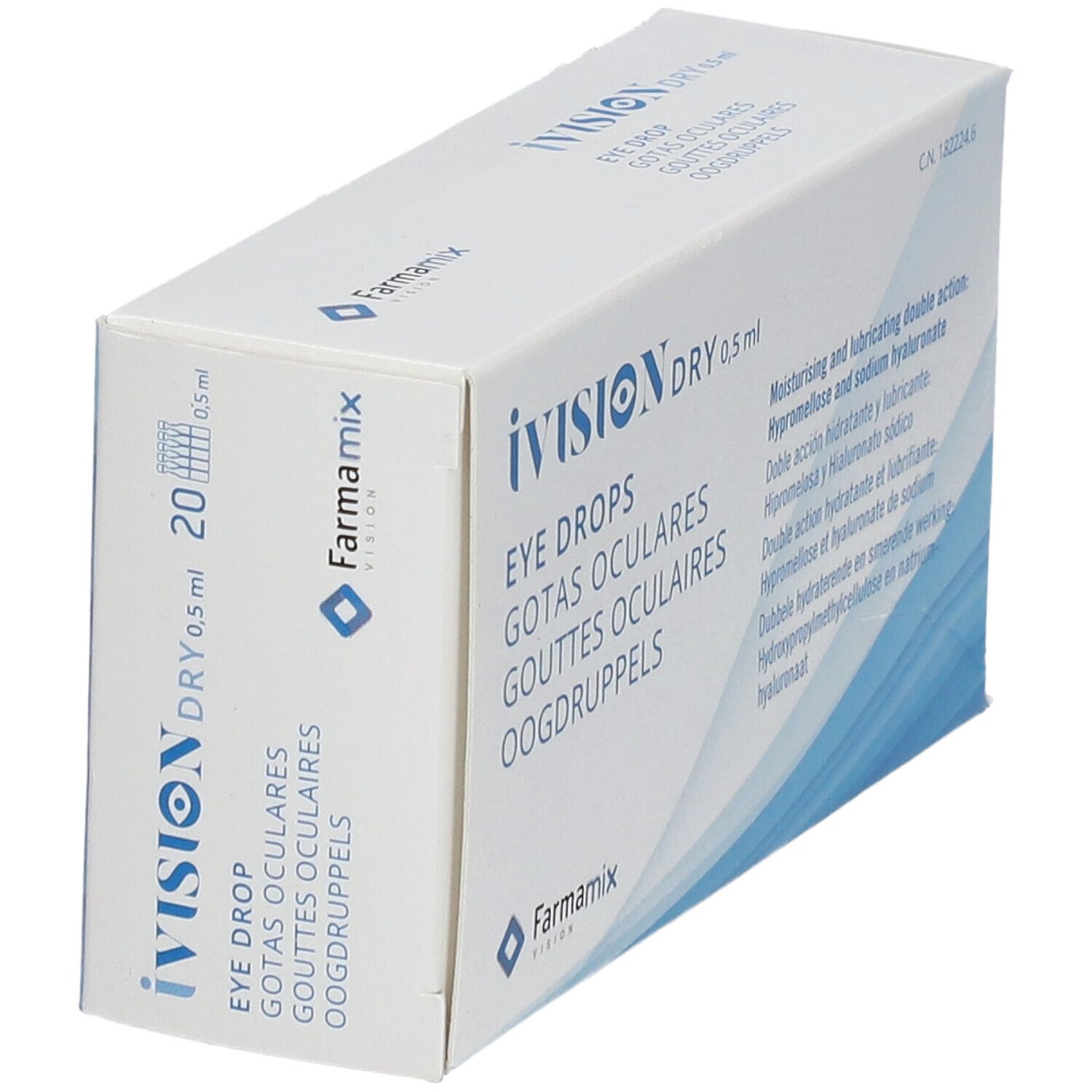 Verpakking iVision Dry 0,5 ml oogdruppels. Bevat 20 unidoses. Tekst in meerdere talen.