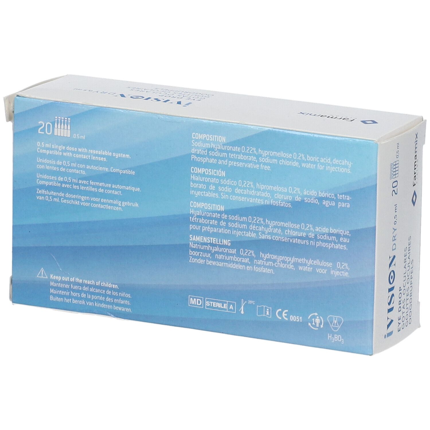 Achterkant van de iVision Dry 0,5 ml oogdruppelverpakking. Ingrediënten en instructies in meerdere talen.