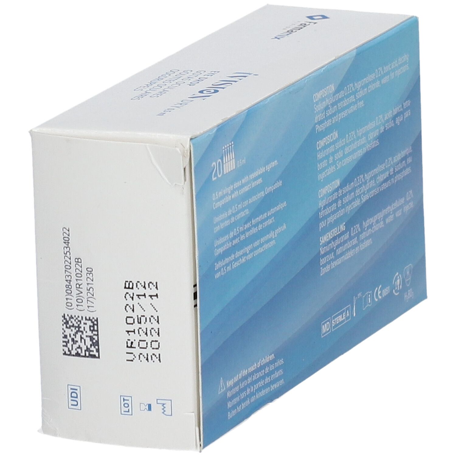 Zijaanzicht van de iVision Dry 0,5 ml oogdruppelverpakking. Lotnummer, UDI-code en vervaldatum.