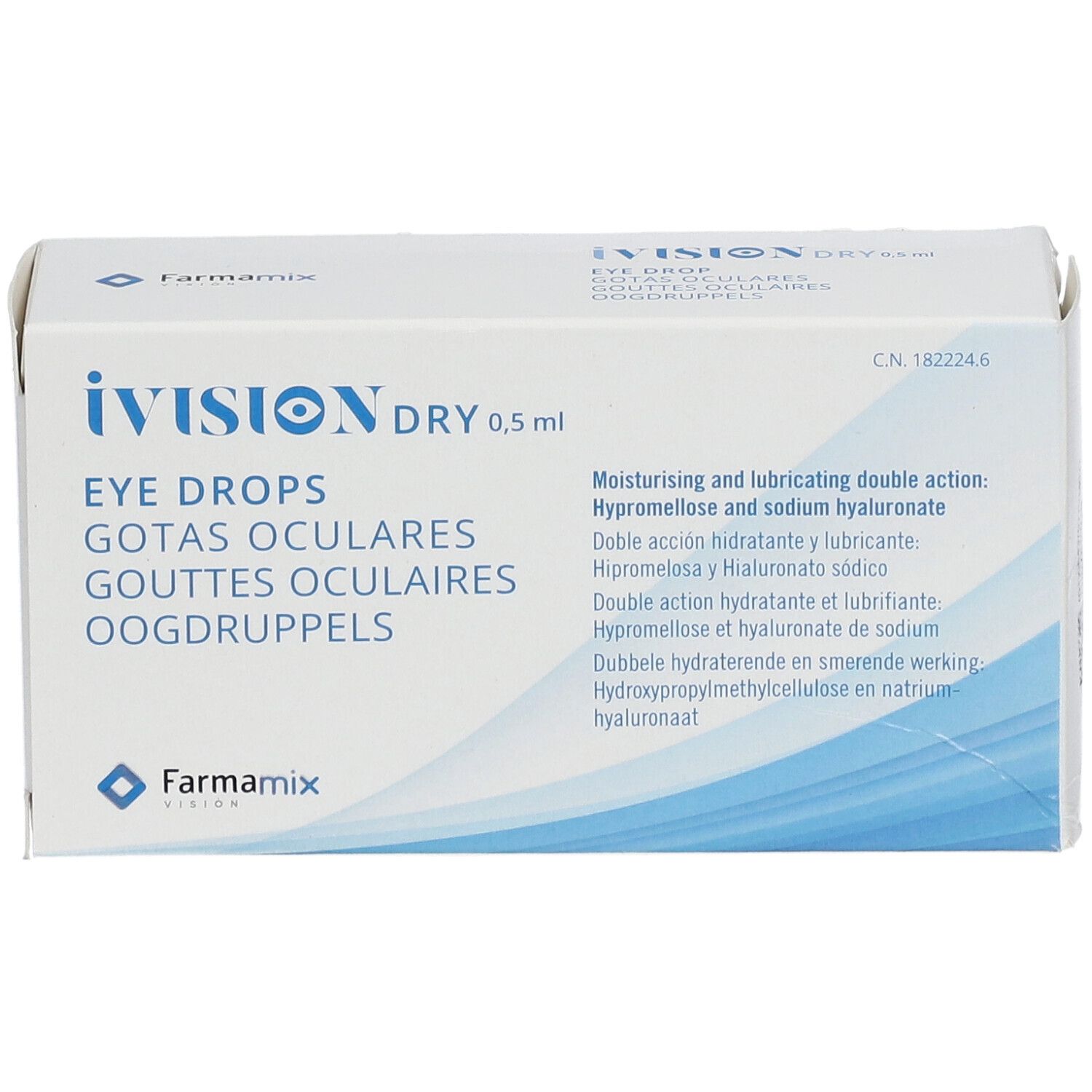 Verpakking iVision Dry 0,5 ml oogdruppels. Tekst in het Duits, Engels, Frans, Italiaans en Nederlands.
