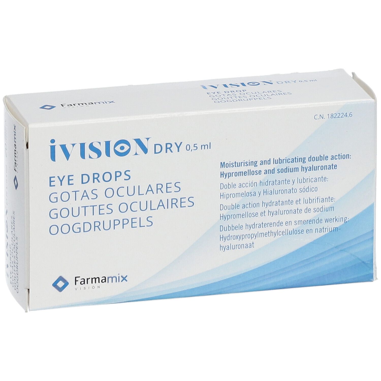 Verpakking iVision Dry 0,5 ml oogdruppels. Tekst in het Duits, Engels, Frans, Italiaans en Nederlands.