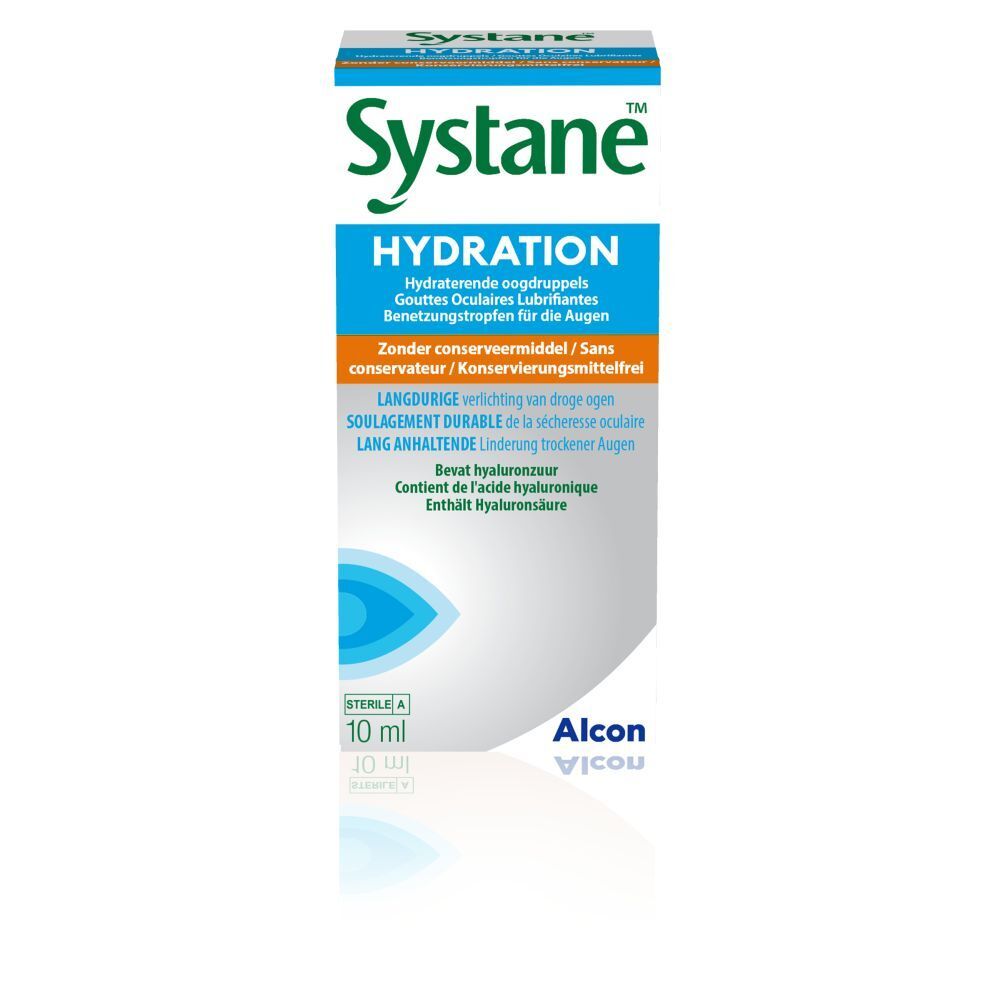 Verpakking Systane Hydration oogdruppels. Opschrift en logo. Bevat 10 ml. Steriel. Alcon.