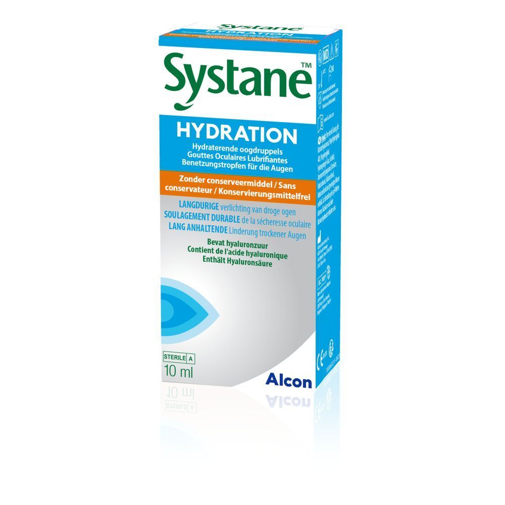 Verpakking Systane Hydration oogdruppels. Opschrift en logo. Bevat 10 ml. Steriel. Alcon.