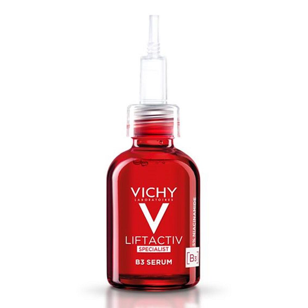 Rode glazen fles met pipet. Bevat rood serum. Opschrift: Vichy Liftactiv Specialist B3 Serum.