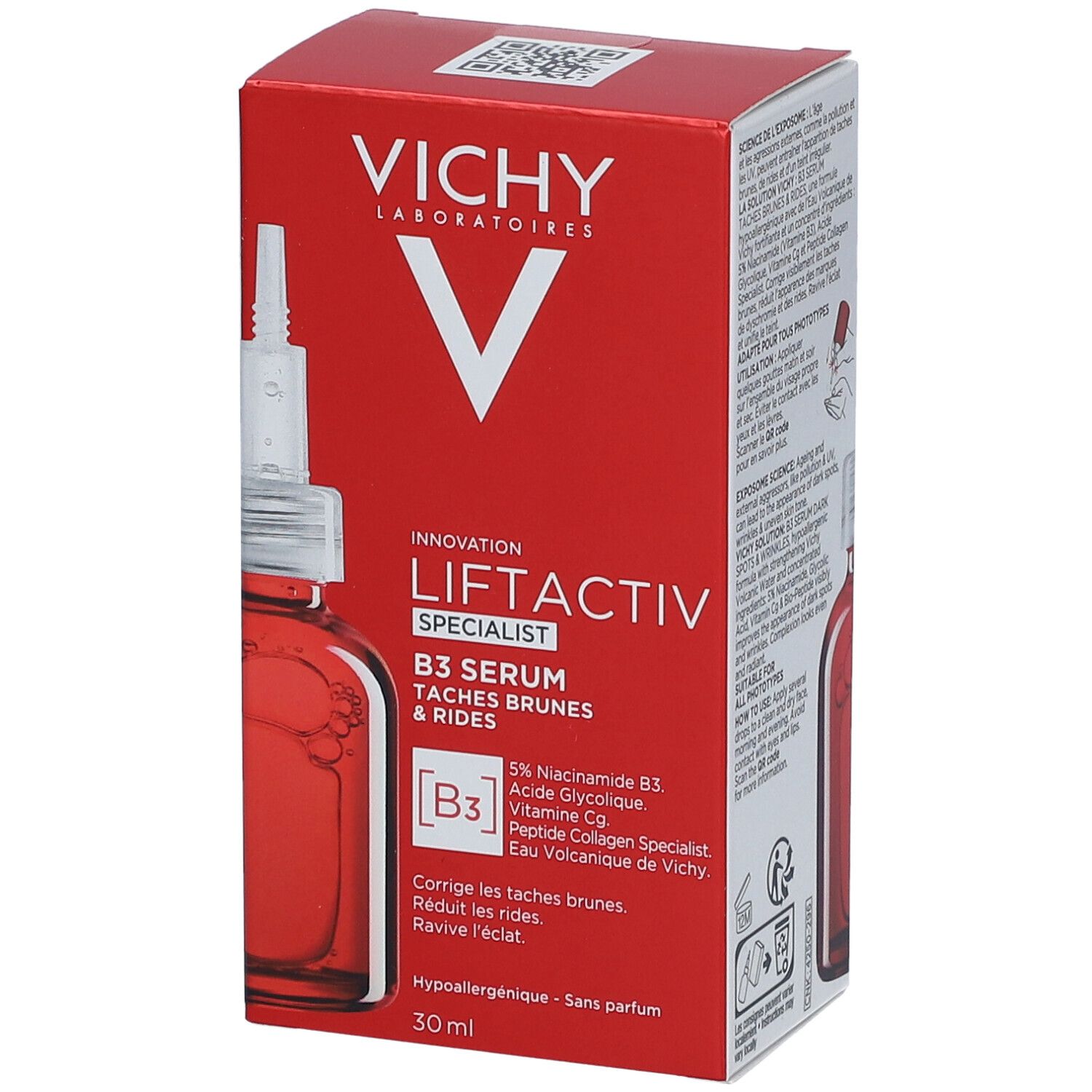 Rode doos met fles en pipet. Opschrift: Vichy Liftactiv Specialist B3 Serum. 30 ml.