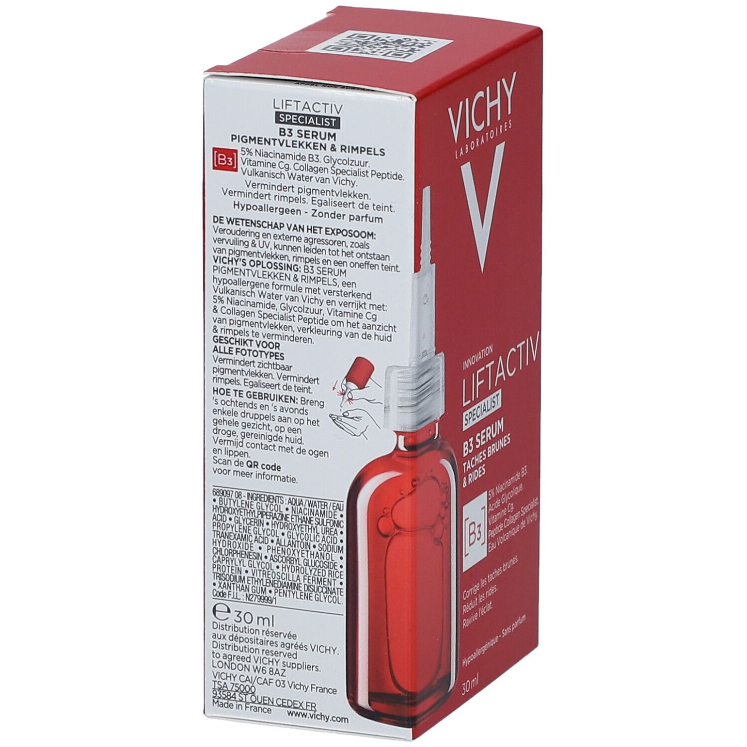 Rode doos met fles. Opschrift: Vichy Liftactiv Specialist B3 Serum. Tekst in het Nederlands.