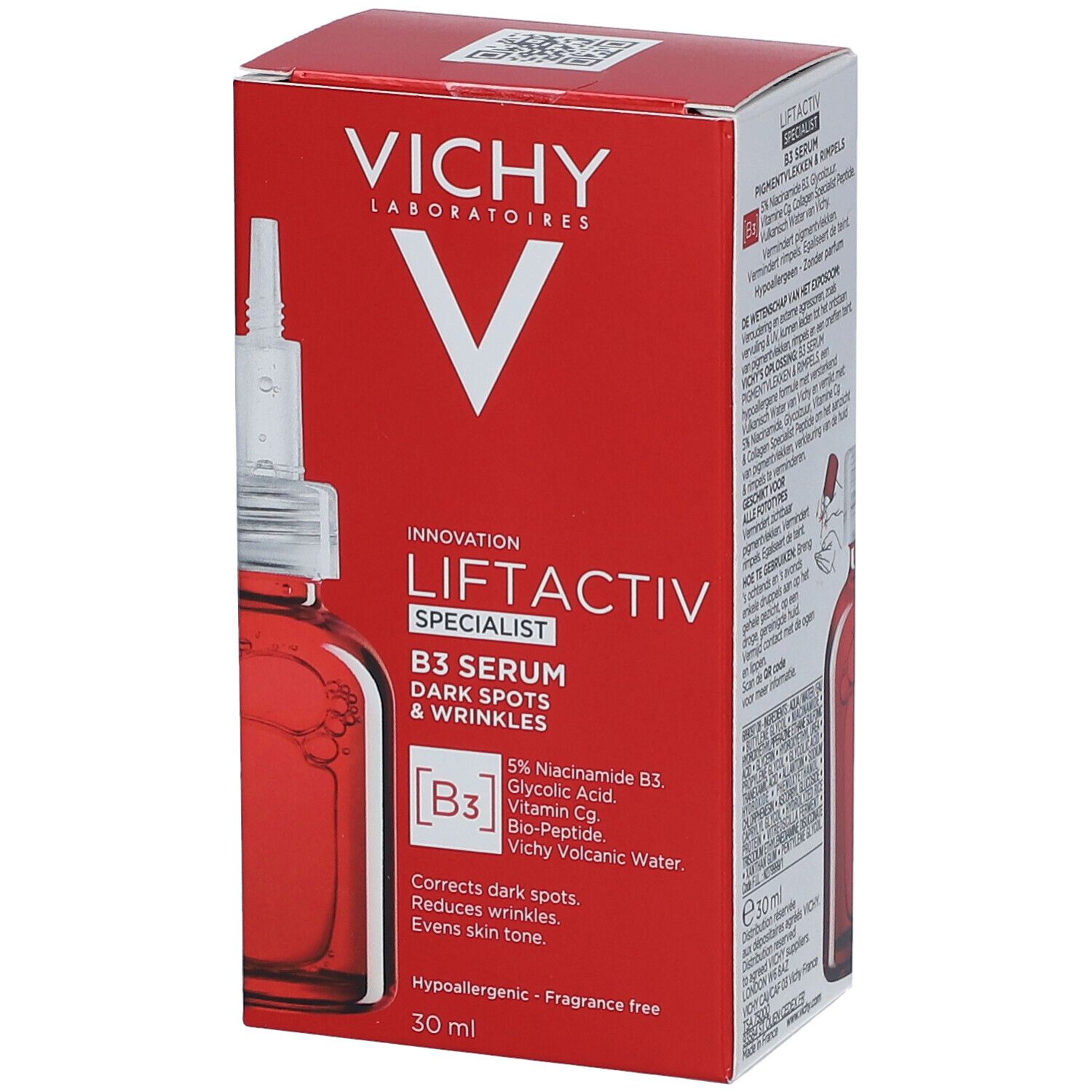 Rode doos met fles. Opschrift: Vichy Liftactiv Specialist B3 Serum. Tekst in het Engels.
