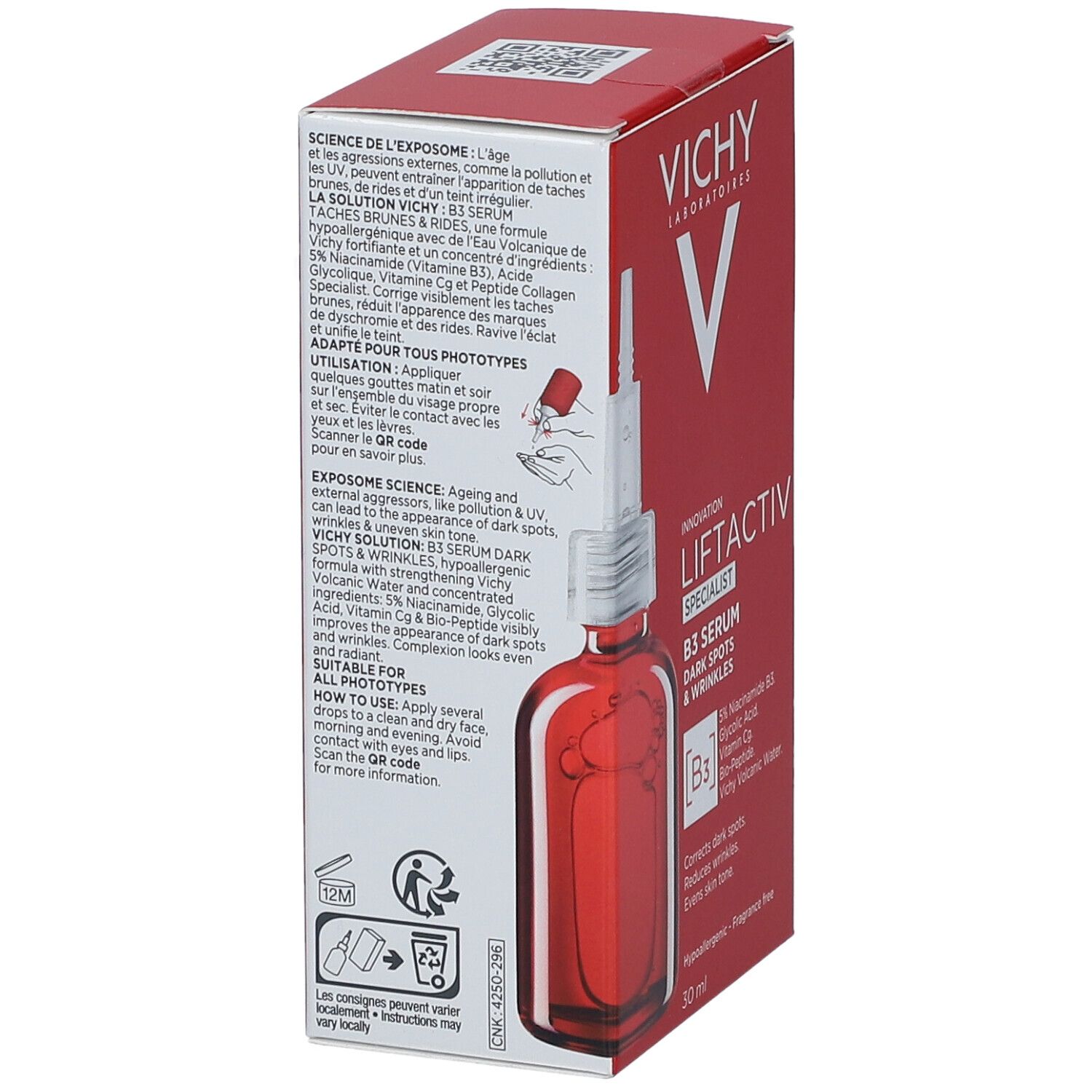 Rode doos met fles. Opschrift: Vichy Liftactiv Specialist B3 Serum. Tekst in het Engels.