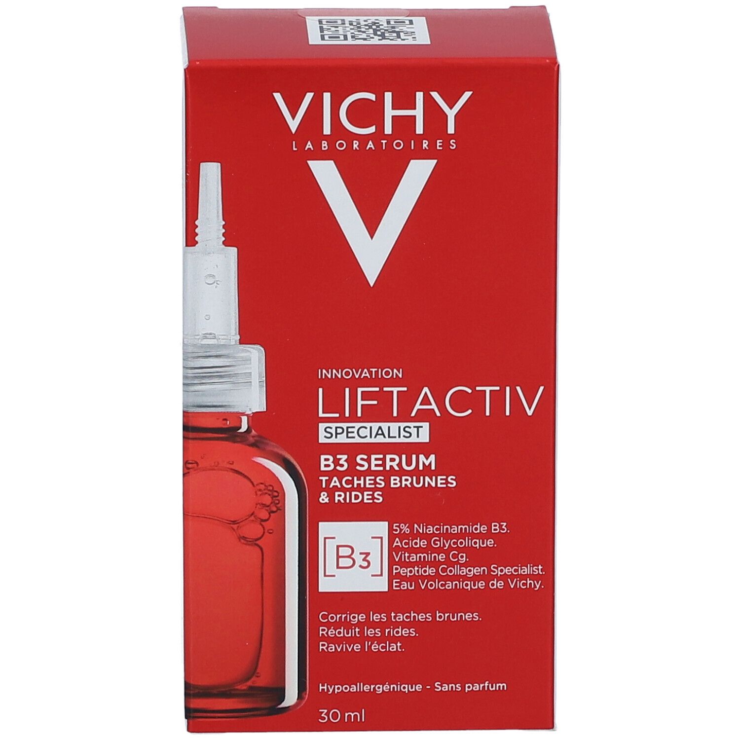 Rode doos met fles. Opschrift: Vichy Liftactiv Specialist B3 Serum. 30 ml.