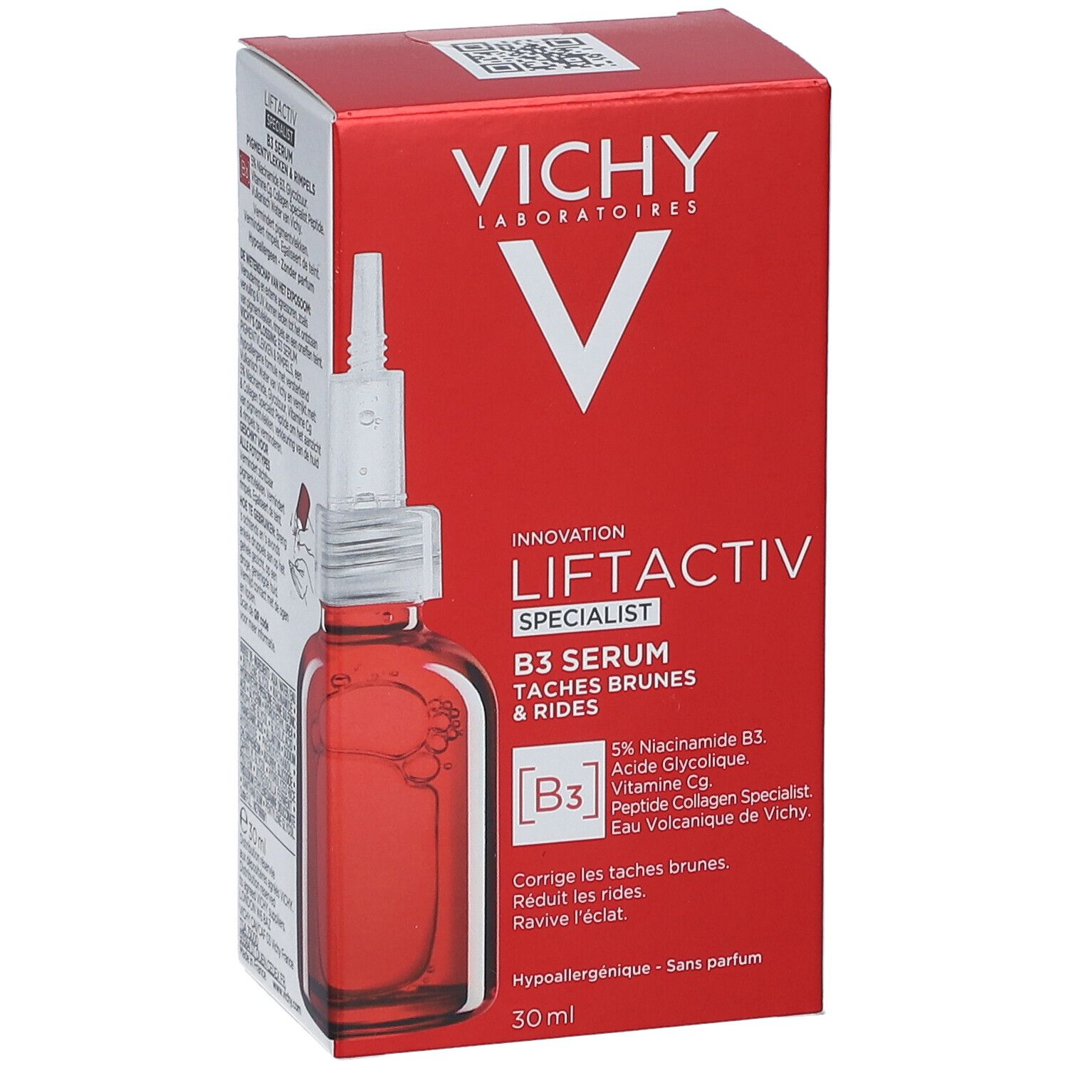 Rode doos met fles. Opschrift: Vichy Liftactiv Specialist B3 Serum. 30 ml.