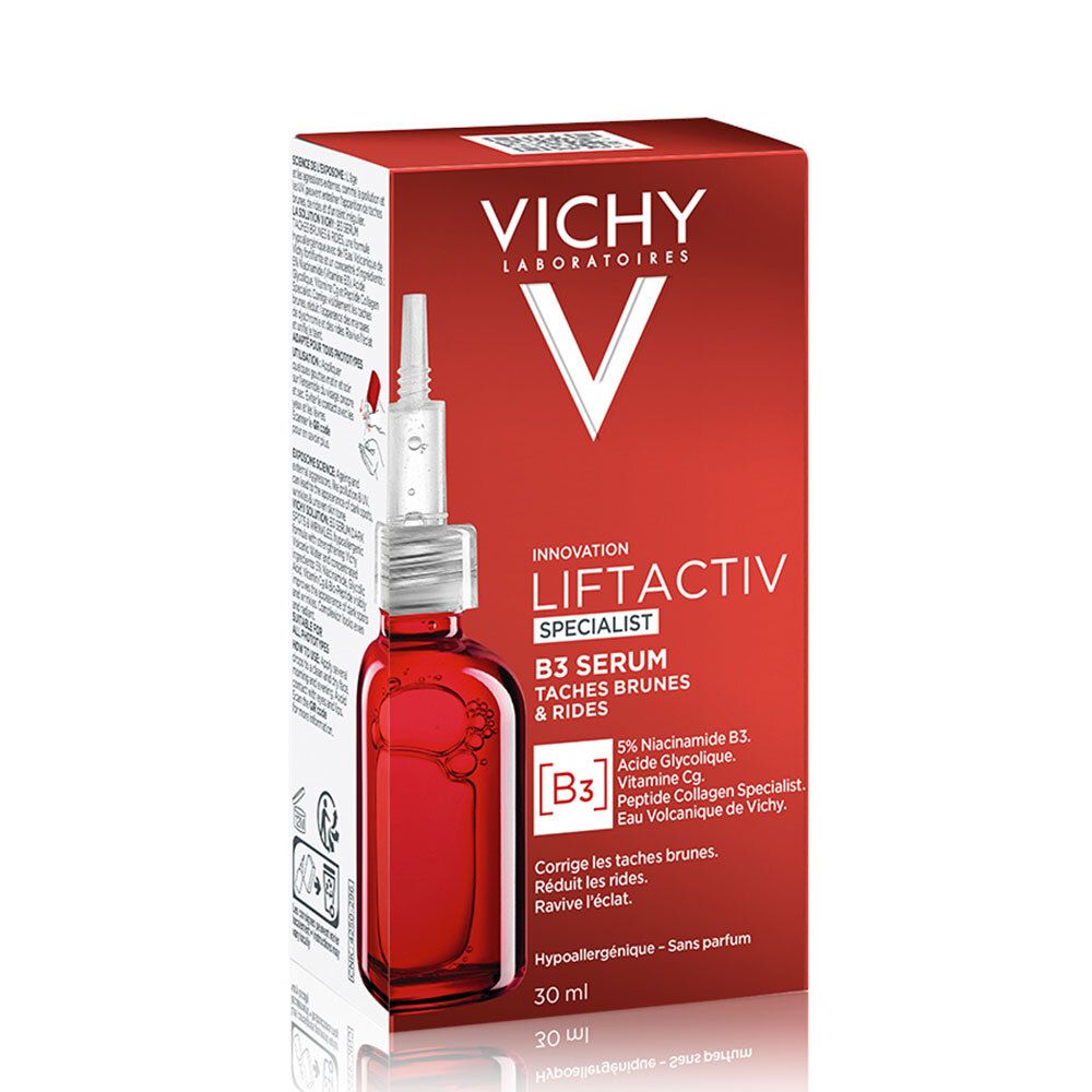 Rode doos met fles en pipet. Opschrift: Vichy Liftactiv Specialist B3 Serum. Bevat 30 ml.