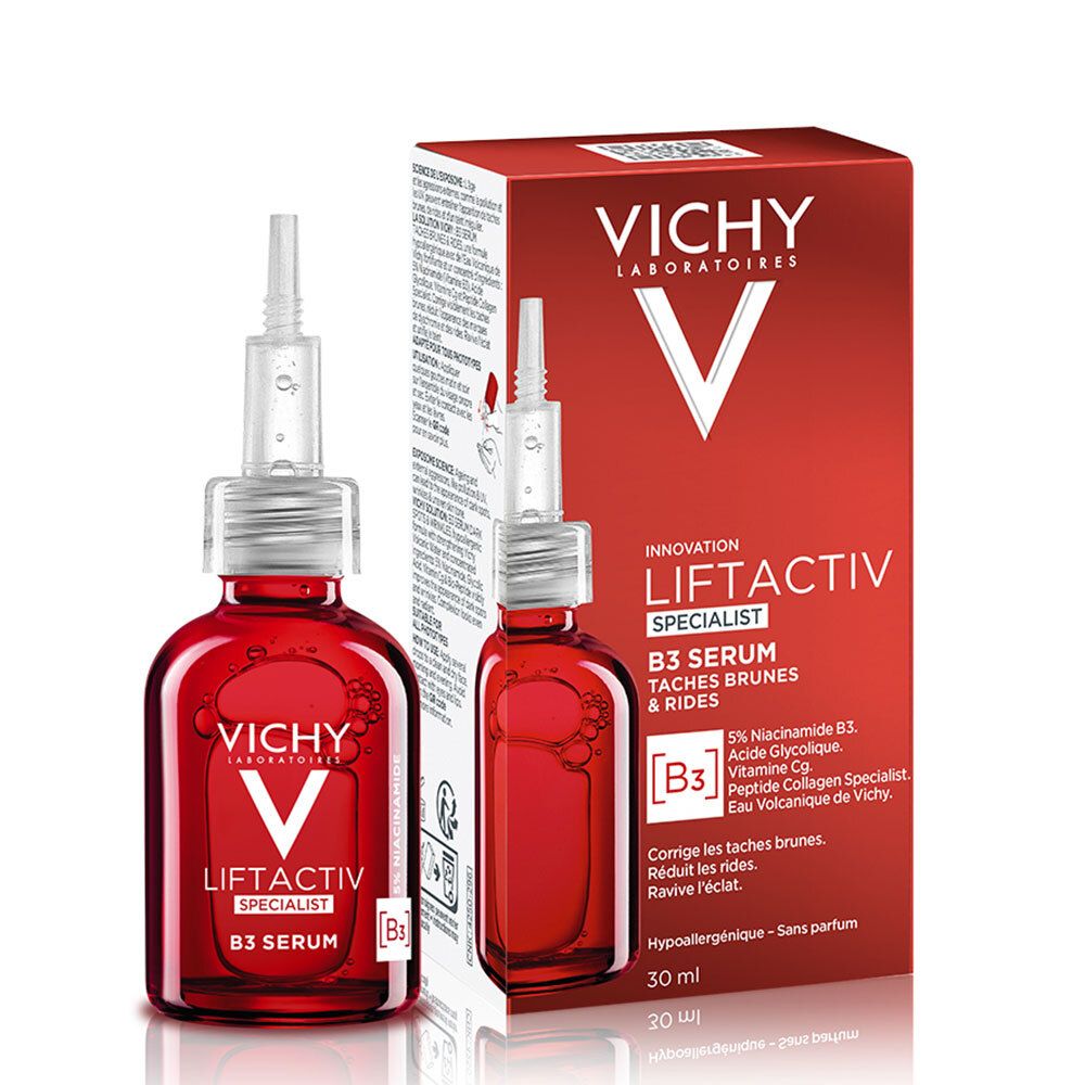 Rode doos en fles met pipet. Opschrift: Vichy Liftactiv Specialist B3 Serum. 30 ml.