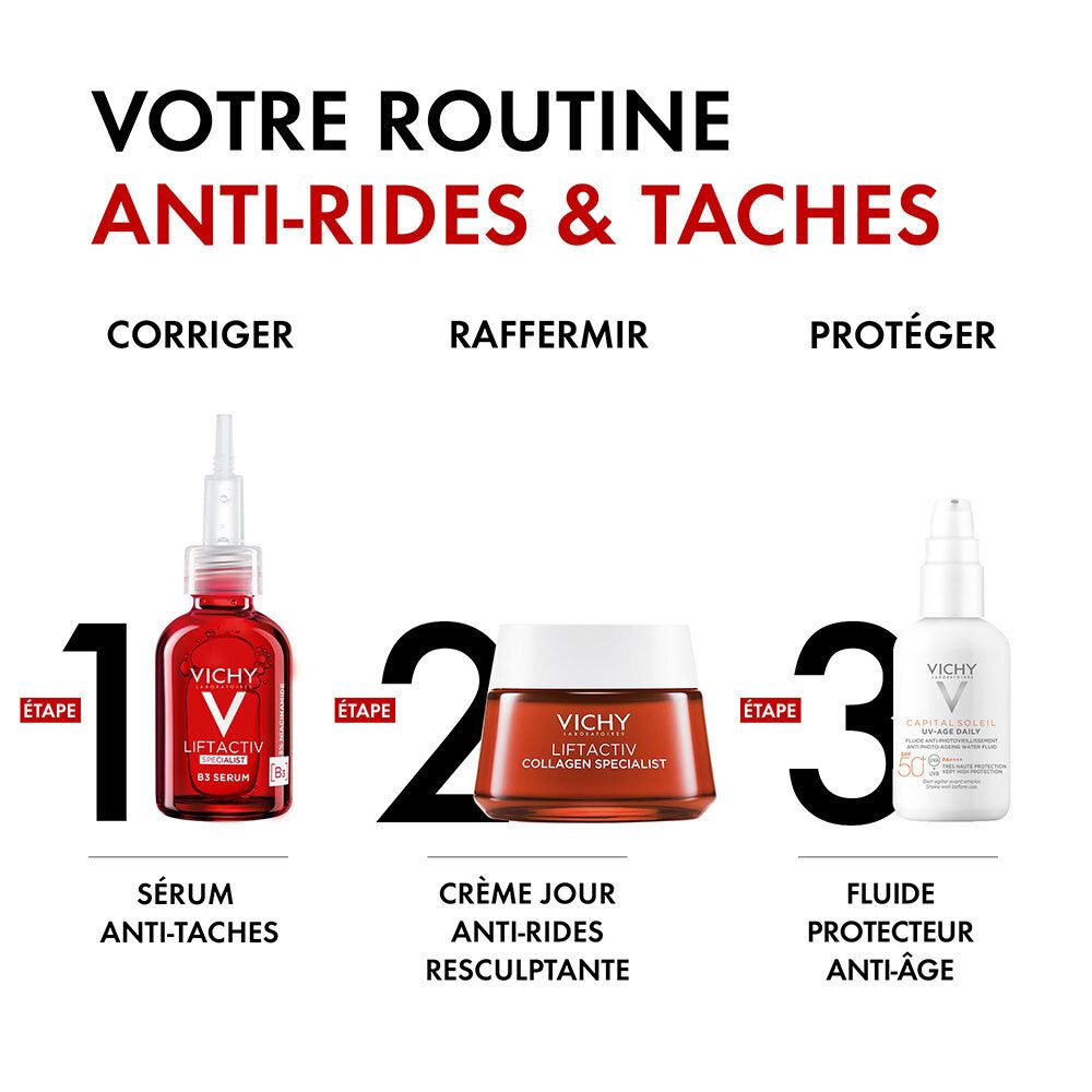 Drie producten: serum, crème en vloeistof. Opschrift: Vichy. Anti-rimpel & vlekken routine.
