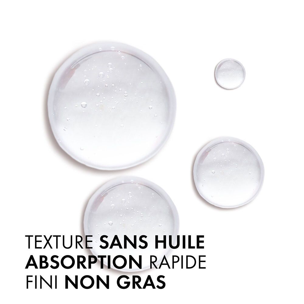 Close-up van transparante druppels. Tekst: Textuur zonder olie, snelle absorptie, niet vet.