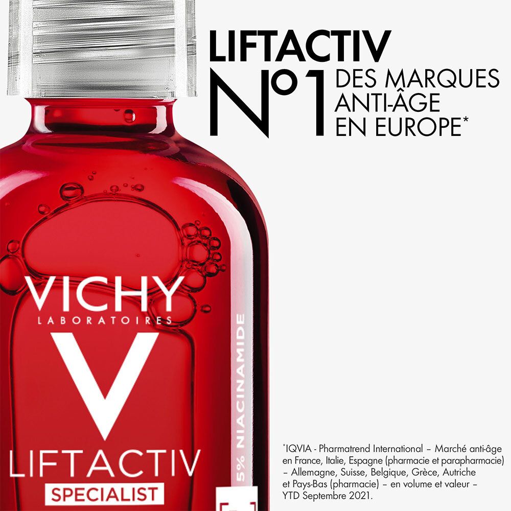 Rode fles met pipet. Tekst: Vichy Liftactiv. Nr. 1 anti-aging merk in Europa.