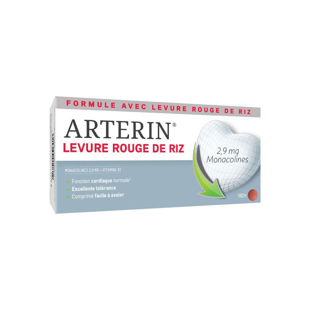 Boîte d'Arterin® Levure Rouge de Riz. Carton blanc avec nom du produit et graphique en forme de cœur.