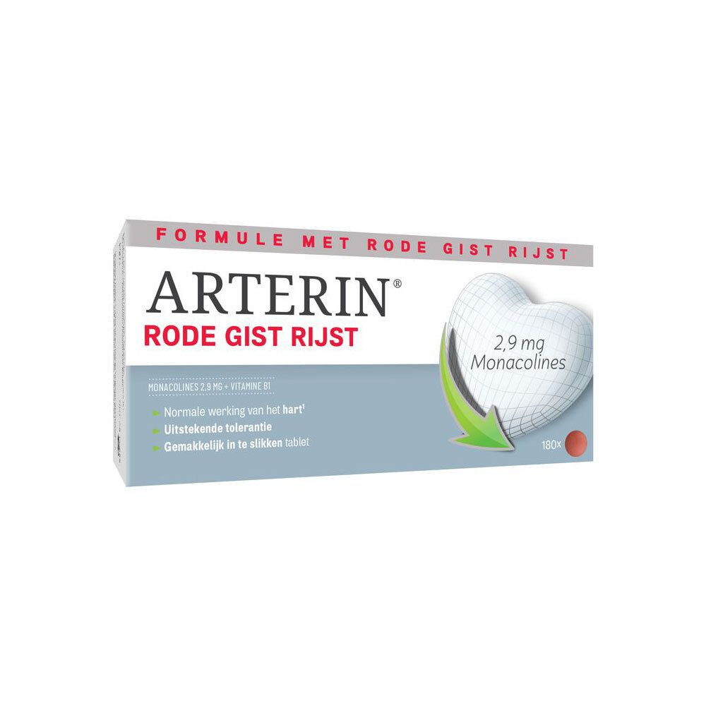Verpakking van Arterin® Rode Gist Rijst. Witte doos met productnaam en hartvormige afbeelding.