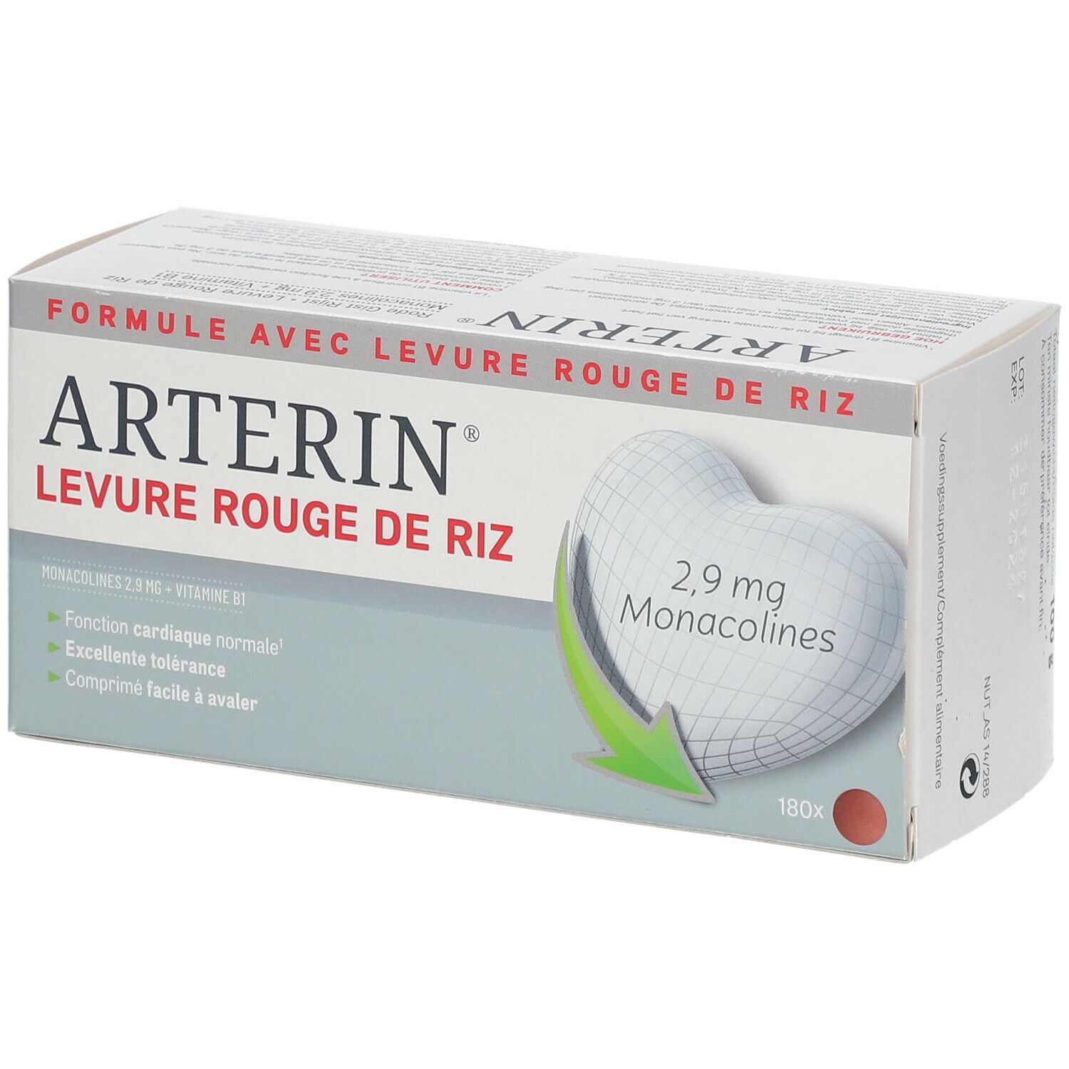 Verpakking van Arterin® Levure Rouge de Riz. Witte doos met productnaam en hartvormige afbeelding.