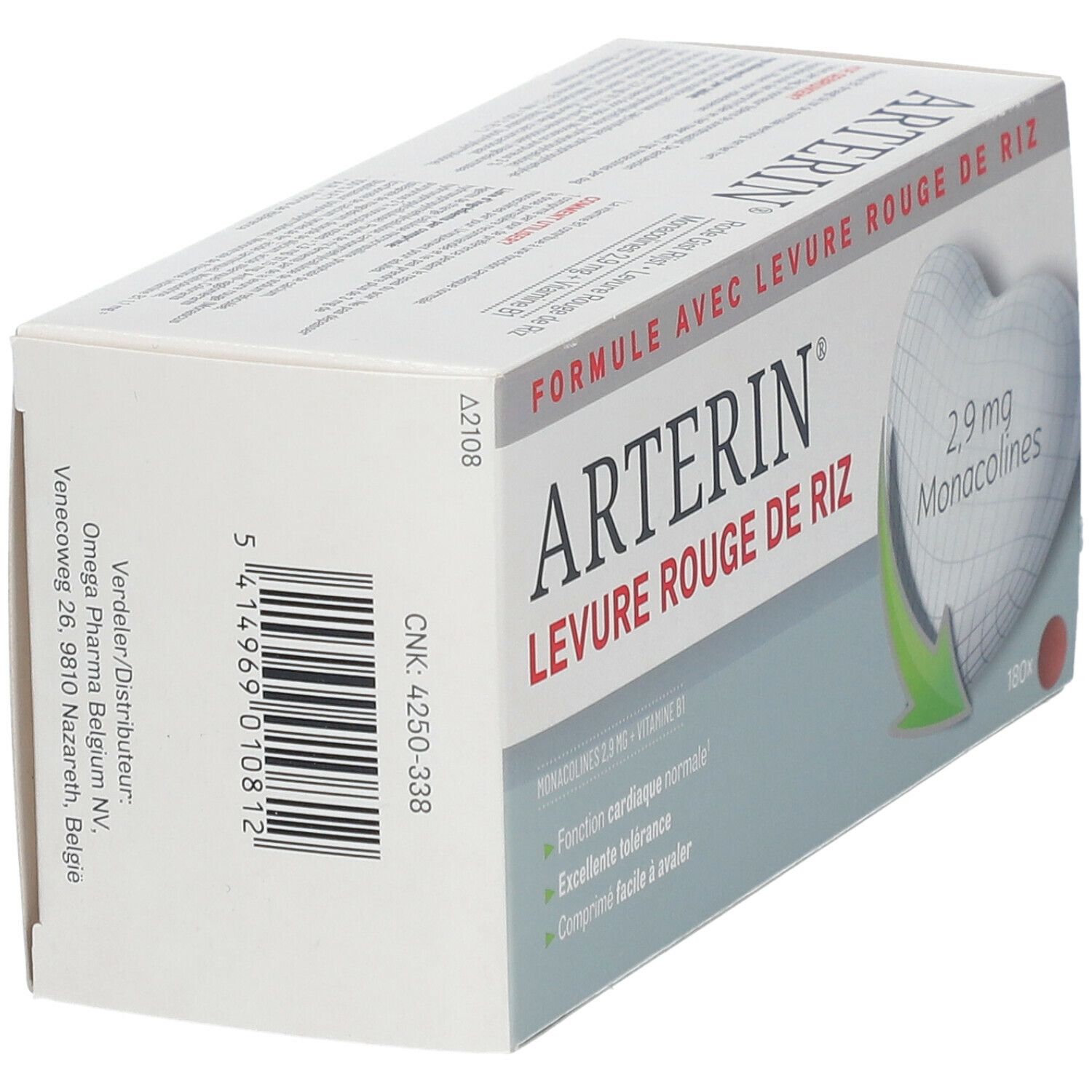 Arterin® Levure Rouge de Riz-verpakking, zijaanzicht. Productinformatie op witte doos.