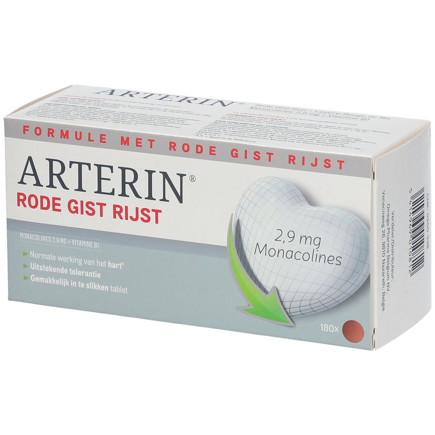 Verpakking van Arterin® Rode Gist Rijst. Witte doos met productnaam en hartvormige afbeelding.