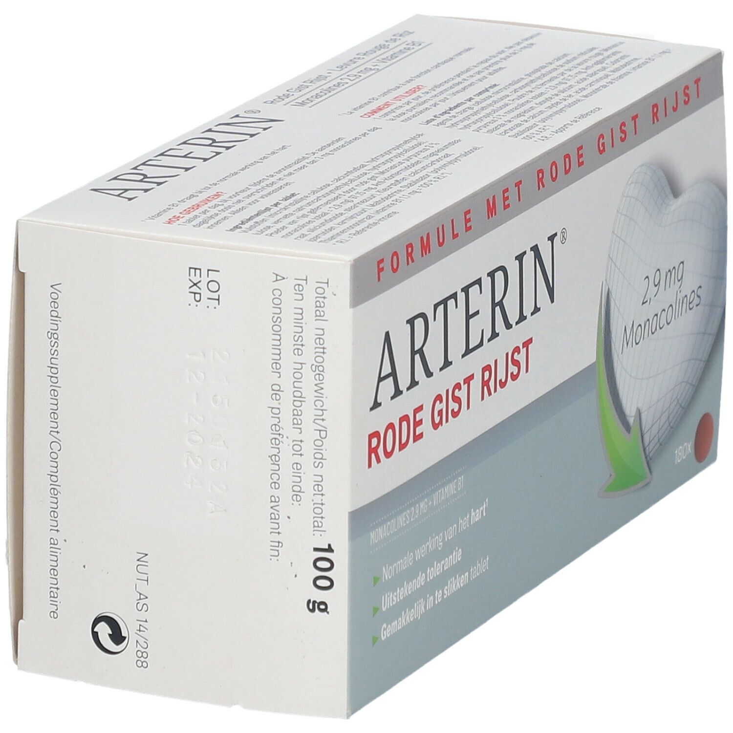 Arterin® Rode Gist Rijst-verpakking, zijaanzicht. Productinformatie op witte doos.