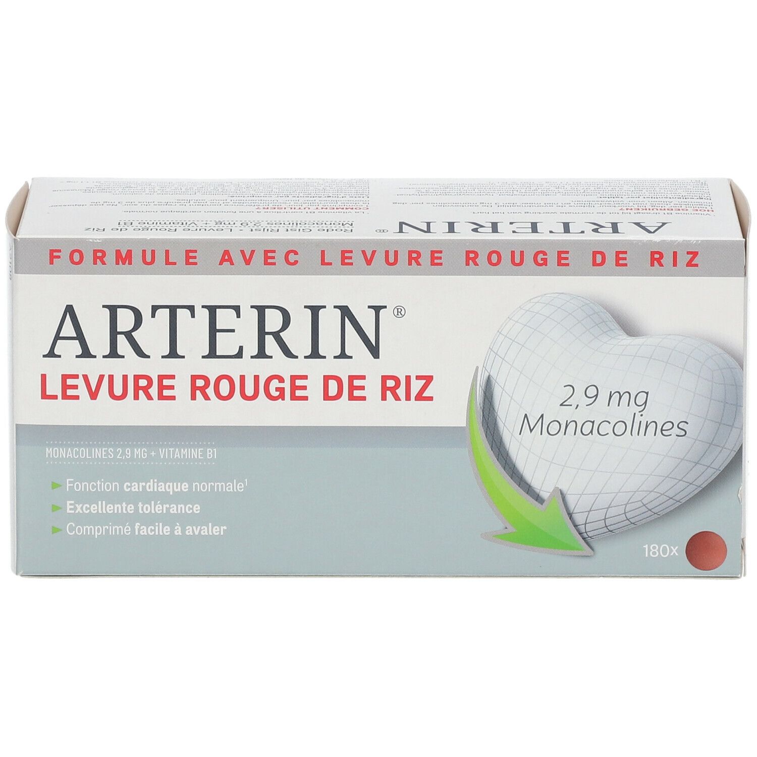 Verpakking van Arterin® Levure Rouge de Riz. Witte doos met productnaam en hartvormige afbeelding.