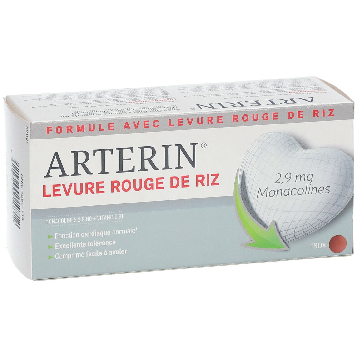 Verpakking van Arterin® Levure Rouge de Riz. Witte doos met productnaam en hartvormige afbeelding.