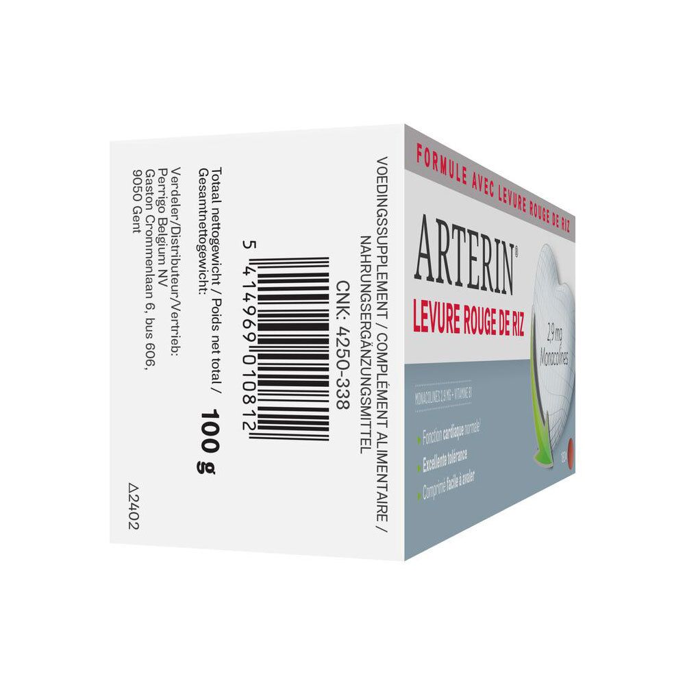 Boîte d'Arterin® Levure Rouge de Riz, vue latérale. Informations sur le produit sur carton blanc.