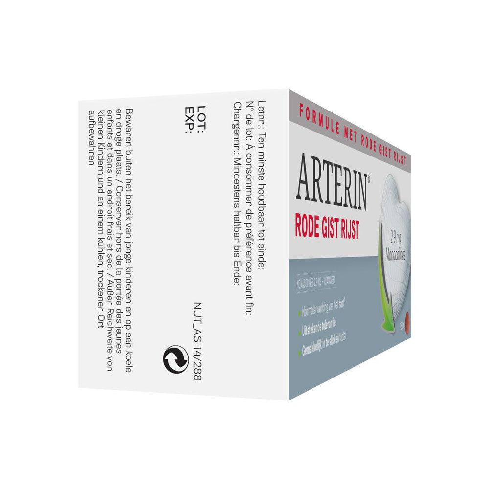 Arterin® Rode Gist Rijst-verpakking, zijaanzicht. Productinformatie op witte doos.