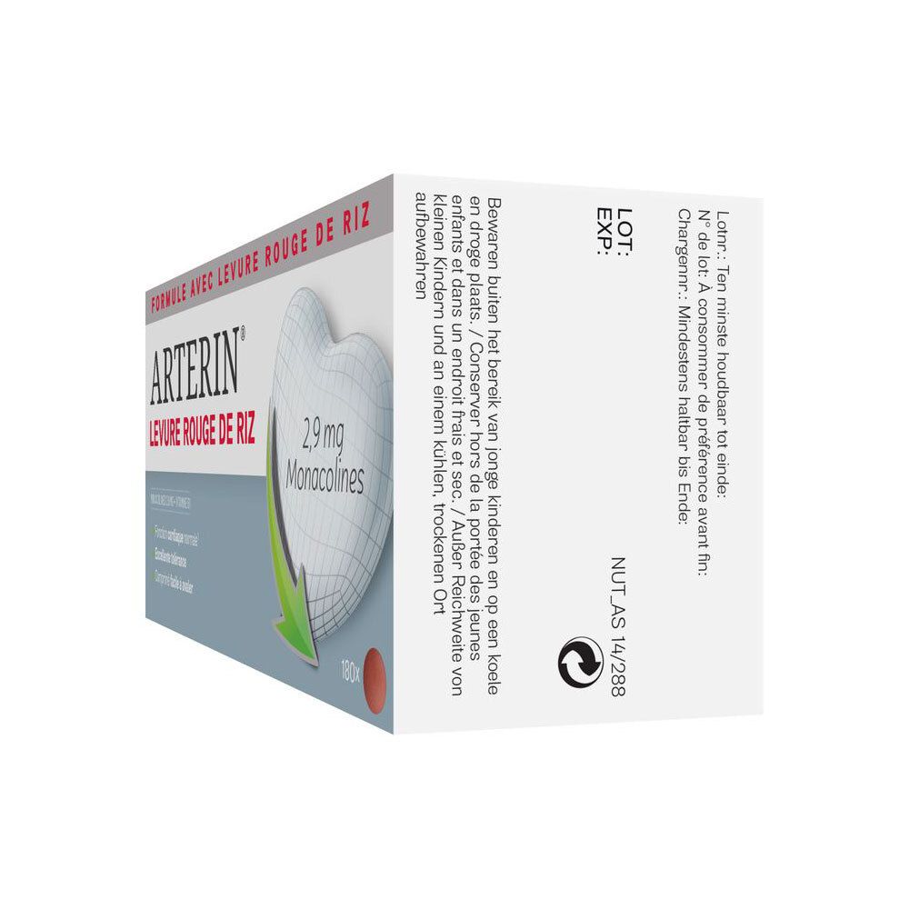 Boîte d'Arterin® Levure Rouge de Riz, vue latérale. Informations sur le produit sur carton blanc.