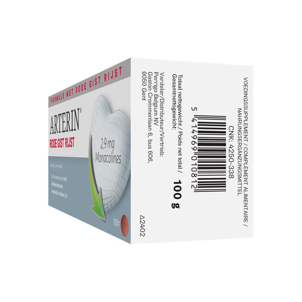 Arterin® Rode Gist Rijst-verpakking, zijaanzicht. Productinformatie op witte doos.