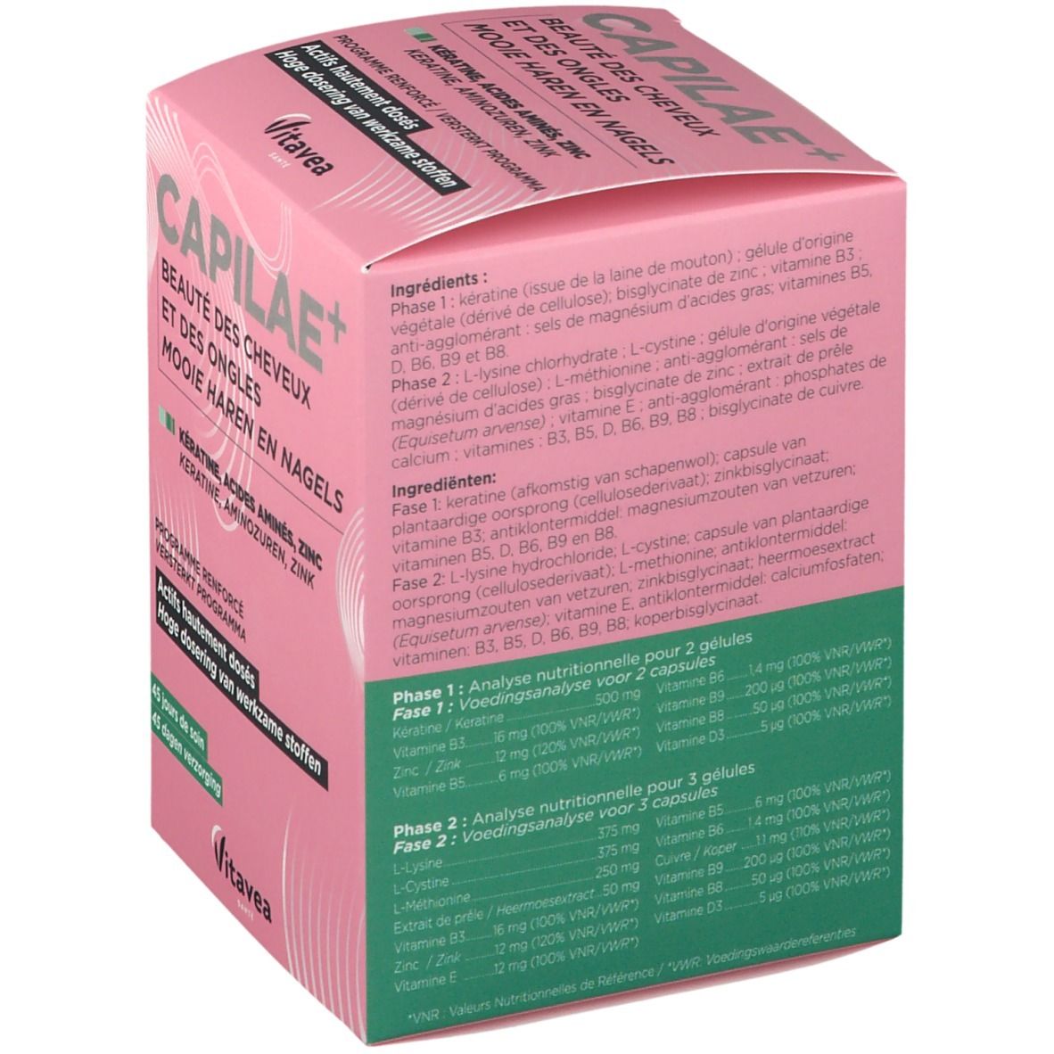 Boîte rose CAPILAE+ avec ingrédients et analyse nutritionnelle. Contient kératine, acides aminés, zinc et vitamines.